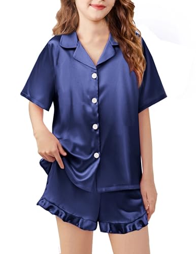 Image of Arshiner Girls Pajamas Silk Satin Pajama Set Button Pjs Ruffle Sleepwear | 2 Piece Nightwear, Silky Soft Lounge for Little & Big Kids, Ideal for Sleeping and Sleepover Party