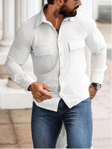 Lunice Men's Cotton Casual Solid Striped Stylish Latest Shirt for Men Long Slevee Shirt (in, Alpha, XL, White) - Image 3