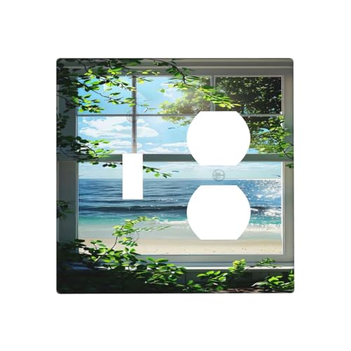 Decorative Outlet Covers Window Beach Seascape View Green Leaves 2 Gang Wall Plate Cover Single Toggle Duplex Combo Two Switch Light Switch Cover Plate Jumbo Dual GFCI Faceplate