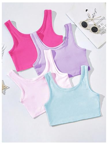 Image of SHENHE Girl's 4 Pieces Ribbed Knit Sleeveless Scoop Neck Basic Casual Summer Crop Tank Top