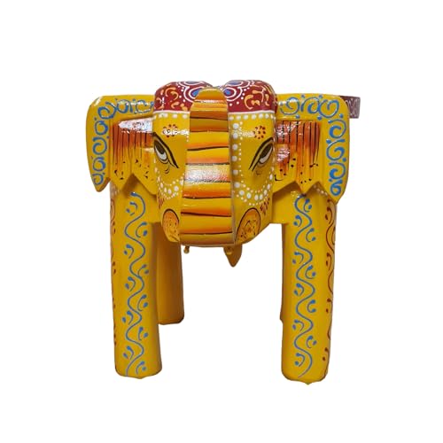 Image of Hand-Crafted and Emboss Colorful Painted Wooden Elephant Shape Stool for Home /Office /Living or Bedroom Decor,Decorative Showpiece (8 Inches Height, Yellow)