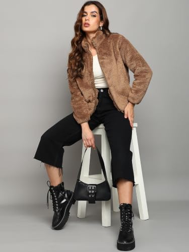 Image of Alan Jones Clothing Women's Fluffy Yarn Fleece Full-Zip Jacket | Soft Lightweight Warm Outerwear with Stand Collar & Piping at Hem & Cuffs