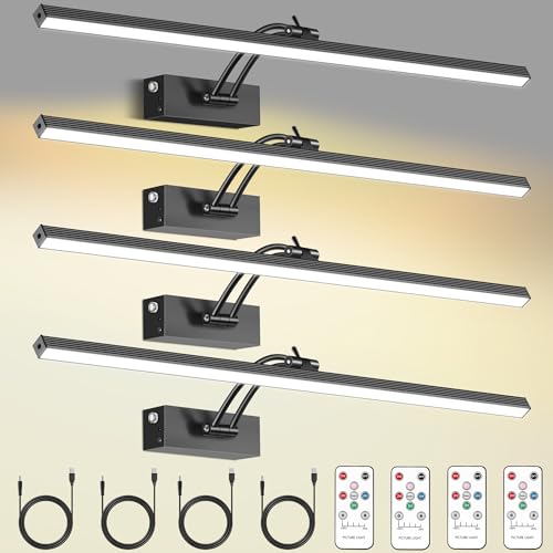 Image of 4 Pack Picture Lights for Wall, 23in Art Lighting for Paintings Cordless, 6400mAh Rechargeable Battery Operated Picture Light with Remote Dimmable and Timer for Artwork, Gallery, Display, Black
