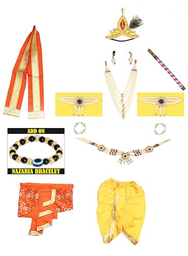 Image of Raj Fancy Dresses Shri Krishna Dress for Baby Boy & Girl, Janmashtmi Dress with Diaper-friendly Dhoti & Dupatta, Mor Pankh Mukut
