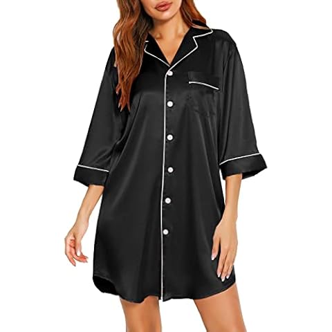Vlazom Satin Nachthemd Damen Satinhemd Umlegekragen Cover