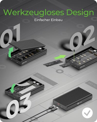 ICY Box 2-Way M.2 SSD/NVMe Enclosure, USB 3.2 Gen 2 (20Gbps), Cooling System, Dual PCIe Gen 3x2 Support, USB-C, M-Key, External, NVMe Adapter, Aluminium, Black