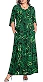 TAOHUADAO Women's Summer Plus Size Dresses Crewneck Ruffle 3/4 Sleeve Casual Maxi Dress XL-6XL with Pockets 2X-Large, Green Leaf