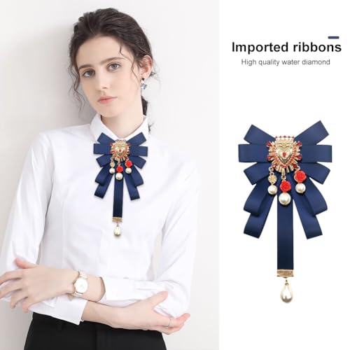 Image of Retro Court style Crystal Ribbon Bow Tie Brooch Pins for Women Girls Victorian Cameo Bow Brooch Pre-Tied Bowknot Corsage Collar accessory