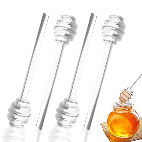 BOSMIOW 4 Pieces Clear Glass Honey Dipper,Syrups Mixing Stirrer Spoon,Honeycomb Stick for Honey Jar Dispense Drizzle Honey and Wedding Party Favors Gift,6 inches