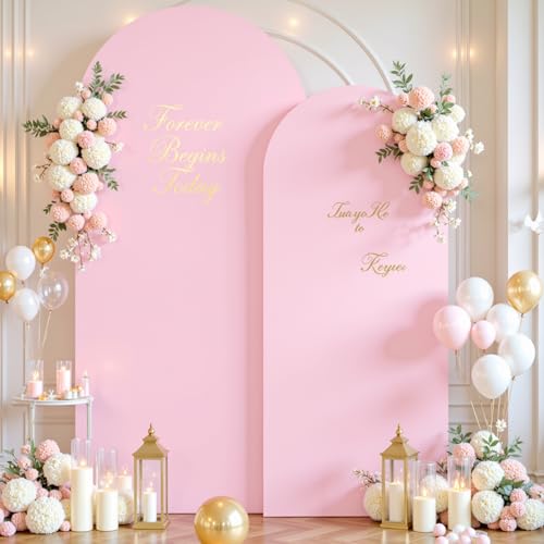 Image of Pale Pink Arch Cover 2 Set-7.2FT and 6FT Arch Backdrop Cover Spandex Fitted Wedding Arch Stand Covers for Baby Shower Girls Birthday Party Bridal Shower Wedding Banquet Photo Background Decorations