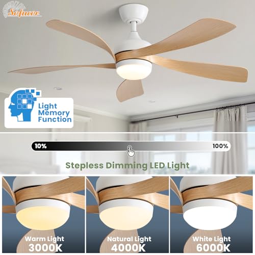Sofucor 52" Smart Ceiling Fan, Indoor/Outdoor Ceiling Fans with Lights and Remote, Compatible with Alexa/Google/App, 3-Color Light 6-Speed Timing Reversible DC Motor for Bedroom Living Room Patio