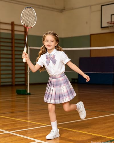 Image of Betusline Girls Skirt Set JK School Uniform 2-Piece Outfit - Short Sleeve Shirt with Bow & Pleated Skirt 4T-14Y