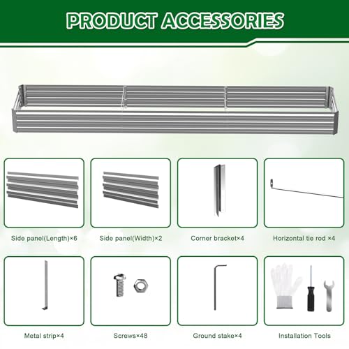Image of 10x2x1FT Galvanized Raised Garden Bed, Metal Planter,Silver,1 Pack | Thick Galvanized Steel, Easy Assembly,Outdoor Patio,Open Bottom,Smooth Surface,Planter Kit for Vegetables, Herbs, Flowers