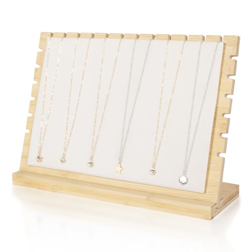 Barelove Necklace Display Stand Jewelry Display for Selling, Bamboo Plank Necklace Jewelry Stand Holder with Leather Soft Mat for Home Shop Store (White)