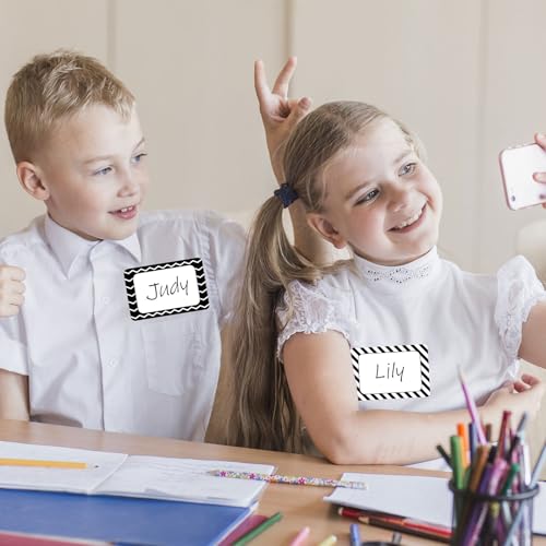 Image of Whaline 180 Pcs Back to School Name Tag Stickers Self-Adhesive Nameplate Decal Black White Polka Dot Stripe Plaid Blank Name Label for School Classroom Bulletin Board Desk Wall Decor