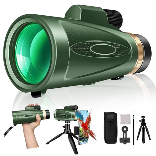 Birthday Gifts for Men Dad Husband Him, Monocular Telescope 80x100 HD Monoculars for Adults with Tripod & Phone Adapter, Monoculars Gifts for Christmas, Outdoors Hiking Gifts-Green