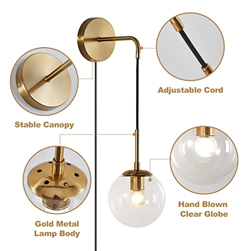 Image of KCO Modern Globe Wall Sconce with Plug in Industrial Vintage Wall Lamp On /Off Switch Minimalist 1-Light Mounted Lamps for Bedroom Living Room Corridor (Clear & 2-Pack)