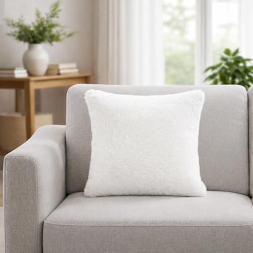 Image of Premium Faux Rabbit Fur Cushion Cover 16X16 Inch - Set of 3 | Soft Plush Decorative Square Throw Pillow Covers with Velvet Back, Washable Cushion Covers for Sofa, Couch & Bed - [White]