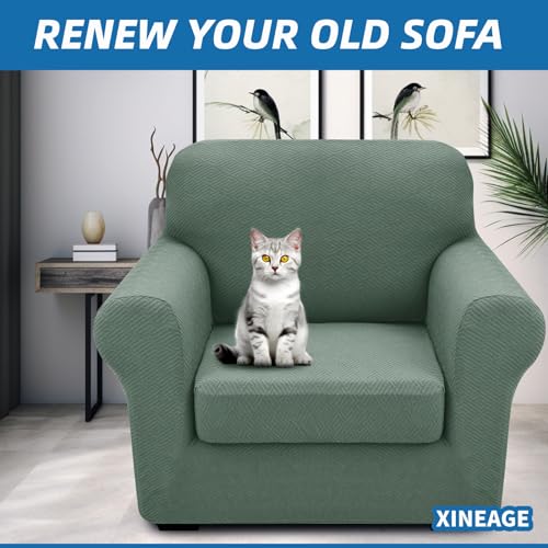 XINEAGE New 2 Pieces Chair Covers with Arms Super Stretch Chair Slipcover for Living Room Pet Dog Universal Slip Cover Anti Slip Armchair Furniture Protector (Pea Green), 31"-46"(1 Cushion)