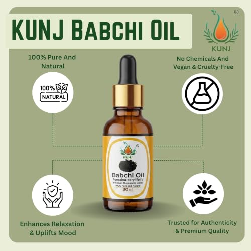 Image of KUNJ Babchi Oil 30ml - 100% Pure & Natural Cold Pressed Undiluted Babchi Oil for Skin, Face, Hair & Scalp Care | Supports Natural Glow, Smooth-Looking Skin & Hair Nourishment