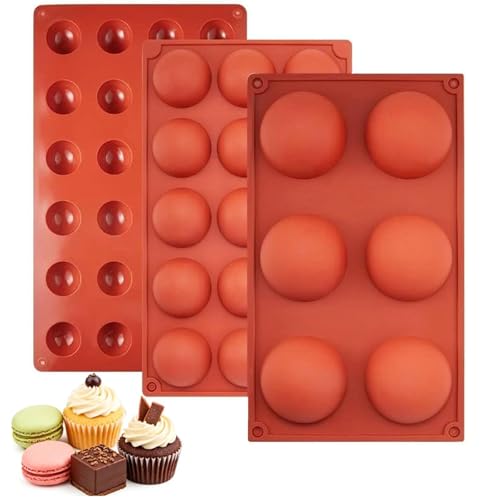 GIUSOBG Moule Silicone Patisserie 3 Pièces Moule Silicone Demi Sphere 6/15/24 trous Gelée de Chocolat, avec une Spatule Plateau à Muffins en BPA Free fur...