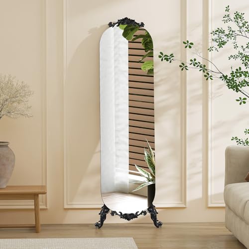 Image of Arched Full Length Mirror, 62 inchX20 inch Vintage Floor Mirror, Baroque Full Body Mirrors with Art Carved, Free Standing Leaning or Wall-Mounted Mirrors for Bedroom, Living Room, Entryway, Black