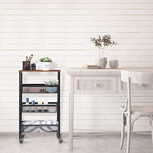Liantral Rustic Kitchen Storage Cart, 4 Tier Kitchen Cart On Wheels, Metal Mesh Storage Pantry Cart With Lockable Wheels, Wood Look Top And Metal Frame. #TOP4
