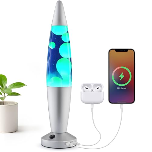 JAMBO Beautiful Liquid Lamp with USB Ports, 16" Motion Light with Blue Liquid Yellow Wax, Relaxing Nightlight, Mood Light for Bedroom, Living Room, Office - Adults, Teens, Kids by JAMBO - Used condition - US$27.69