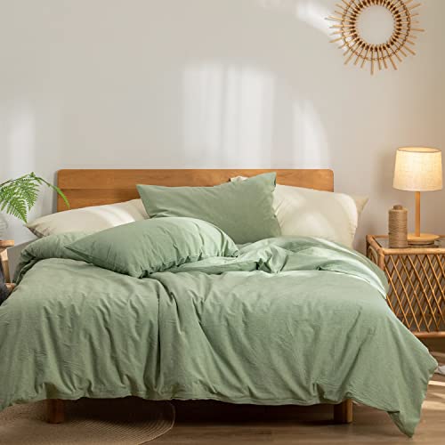 Green Duvet Cover Queen, 100% Washed Cotton Linen Like Textured Solid Color Casual Modern Style Green Bedding Set, With Zipper Closure, Luxury Soft Relaxed Feel Natural Wrinkled Comfy (3Pcs, Queen) #TOP11