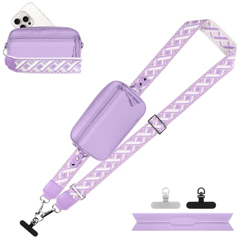 Image of YFWE Clip and Go Strap for Phone with Wallet Crossbody, Adjustable Phone Lanyard with Detachable RFID Wristlet Wallet, Pattern Strap - Purple (L)