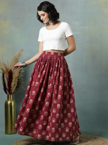 Image of Women's Floral Print Maxi Skirt, Maroon Red, 100% Pure Cotton, Elastic Waist, Full Length, Breathable Fabric