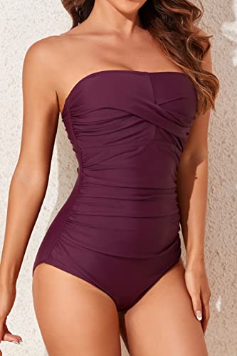 Image of Smismivo Tummy Control Swimwear Strapless One Piece Swimsuit Ruched Bathing Suits for Women Slimming Bandeau Tube Top Bikini