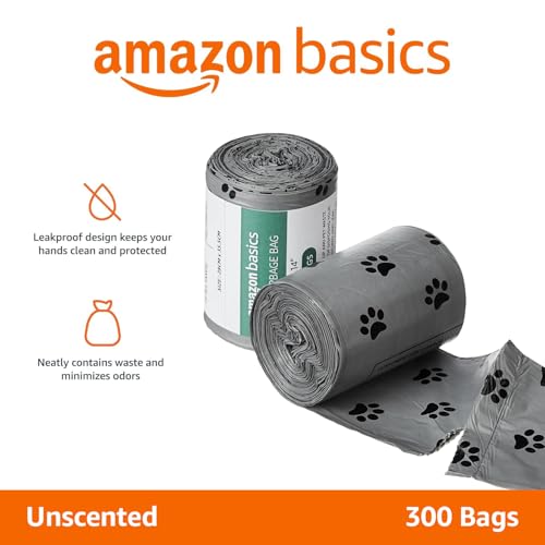 Image of Amazon Basics Pet Poop Bags with Fun Paw Print Design | Strong, Leak-Proof | Easy to Use | Unscented | Grey | 300 Count (30 Bags x 10 Rolls)