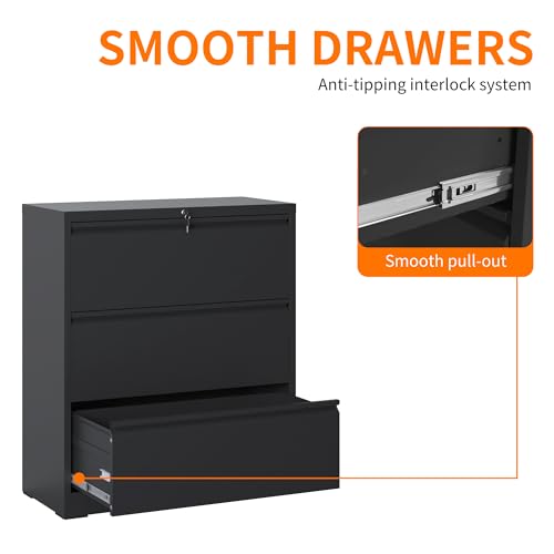 File Cabinets 3 Drawer,Metal Office Storage Filing Cabinet with Lock,Black Lateral Filing Cabinet for Home Office,Horizontal Locking File Cabinet for Legal/Letter/A4,Assembly Require,Black - Image 5