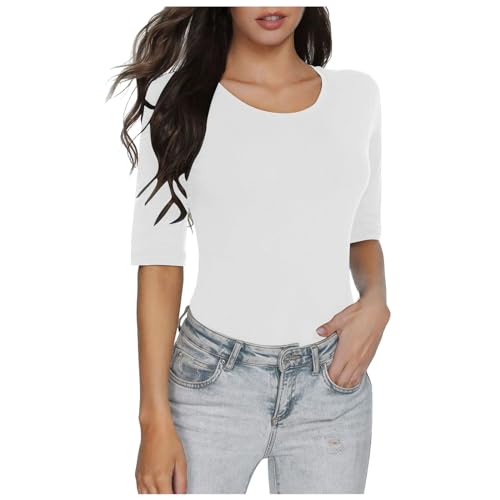 T-shirt à manches mi-longues pour femme - Couleur unie - Coupe slim basique, Blanc., L