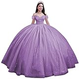 Youjiayi Sparkly Ruched Tulle 15 Dresses for Quinceanera Off Shoulder Wisteria Quinceanera Dresses with Train Cute Rhinestone Evening Dresses for Women Size 16