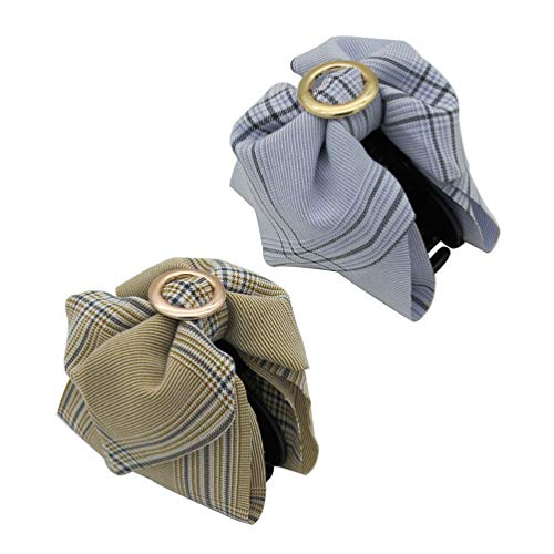 2 Pcs Elegant Stripe Fabric Bow Hair Claw Clips Non-Slip Clamp Ponytail Hold Hair Accessories for Girls Women (Light Blue and Khaki)