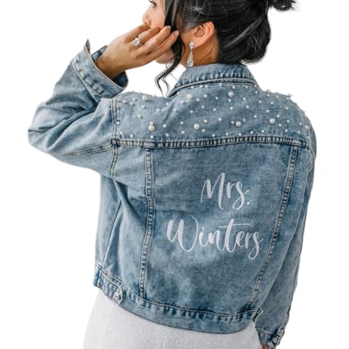 Custom Embroidered Bridal Denim Jacket, Women's Pearl Denim Jacket with Name,Made of Embroidery,Suitable for Bachelorette Party, Wedding,Honeymoon, Bridal Shower, Wedding Gift, Bridal Gift