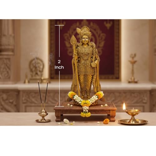 Image of SHILP ART & CREATIONS Pagdhi Murgan Brass Idol Golden Finish Decorative Statue Round Base Detailed Carving Standing Murugan Sculpture Home Temple Decor (Golden, 2 inch,24 gram)