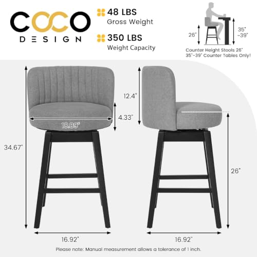 Image of COCO DESIGN 26 inch Gray Swivel Counter Height Stools Set of 2 with Wood Legs | Mid Century Modern Style, Smooth Swivel Design, Linen Upholstered Seat, Sturdy Solid Wood Legs, Counter Height For Island