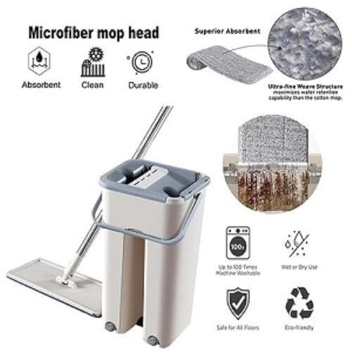 Image of Mop Heavy Quality Floor with Bucket, Flexible Kitchen tap Flat Squeeze Cleaning Supplies 360 Flexible Head /2 Reusable Pads Clean Home Effective for Floor Cleaning