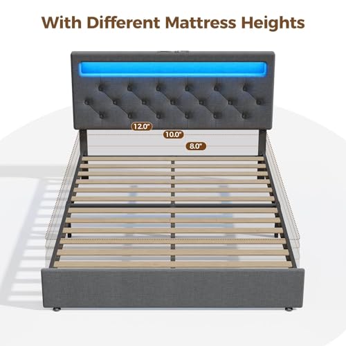 Rolanstar Full Size Bed Frame with Charging Station, LED Bed with Under Bed Storage, Adjustable Headboard 38.9/40.8 Inches, No Box Spring Needed, Noise Free, Easy Assembly, Grey by Rolanstar - Image 7