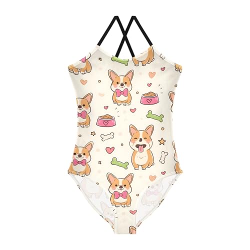 Cute Corgi Dog with Bones Girls Swimsuit One Piece Bathing Suit Beach Swimwear with Adjustable Straps 3-10Years
