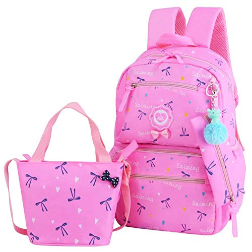 3pcs Heart Bowknot Prints Elementary School Bag Primary School Backpack Sets with Lunch Bags (Pink-a)