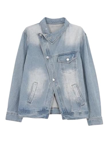 Kwoki Women's Casual Denim Jacket Cross Button Front Long Sleeve Stand Collar Jean Coat with Pockets