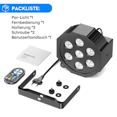 DELIBANG 4PCS RGBW LED Par Strahler, 7 LED Par Scheinwerfer Bühnenlicht Partylicht Lichteffekte mit Fernbedienung für Disco DJ Party Hochzeit Weihnachten Haloween