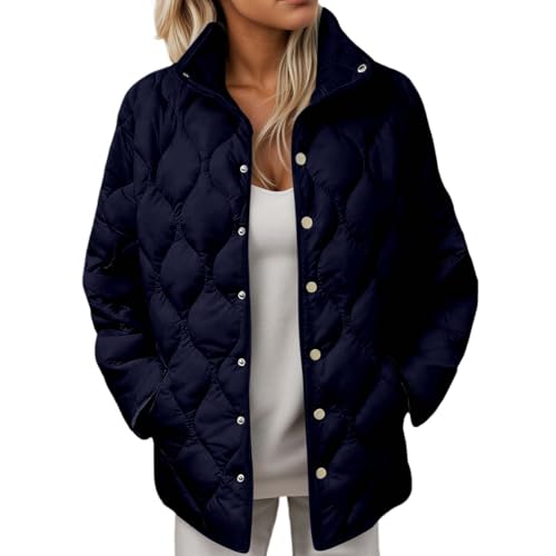 Image of Eauptffy Quilted Jacket Women's Stand-Up Collar Transition Jacket Button Down Winter Jacket Warm Down Jacket Long Sleeve Quilted Coat Loose Outdoor Jacket Plain Padded Winter Coat with Pocket, O Navy