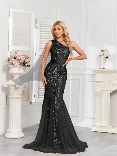 Image of One Shoulder Glitter Mermaid Dress for Mother of The Bride Women's Sexy Sequin Formal Gown