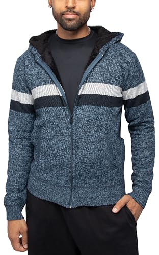 X RAY Mens Zip Up Fleece Lined Knit Cardigan Hooded Sweater, Full Zip Classic Fit Sweater with Stripes & Lining
