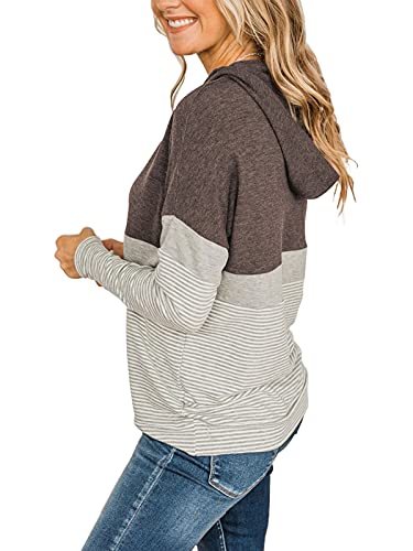 Butgood Womens Spring 2023 Long Sleeve Color Block Hoodies Crewneck Casual Cute Striped Tunic Sweatshirts Brown #TOP2